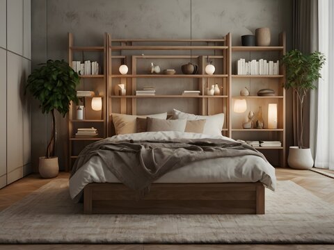 Cozy Bedroom with Soft Linens, Stylish Shelving, and Elegant Folding Screen