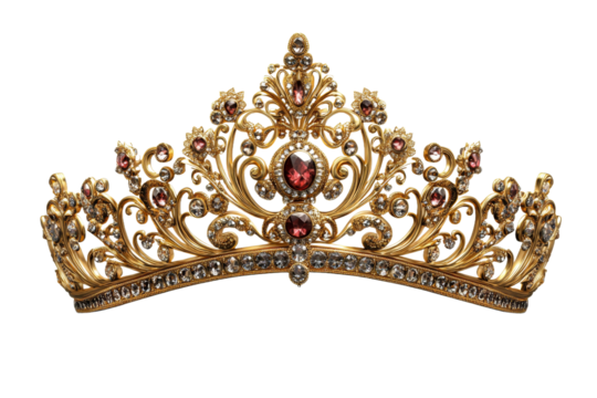 Ornate golden tiara with red gems, cut out transparent