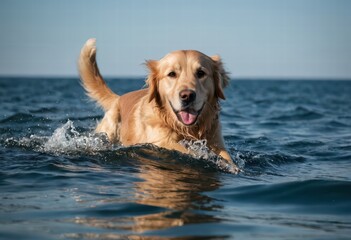golden retriever dog swimming in the water of a river, in autumnal meadown