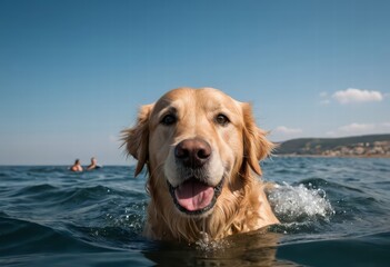 golden retriever dog swimming in the water of a river, in autumnal meadown
