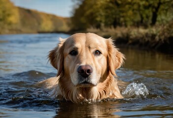 golden retriever dog swimming in the water of a river, in autumnal meadown