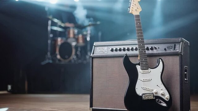 A close-up of an electric guitar resting on an amplifier at a live music venue during a concert performance