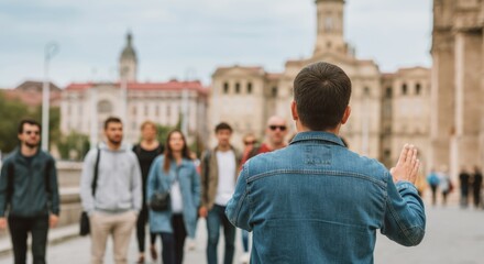 Male tour guide leading diverse group on city tour