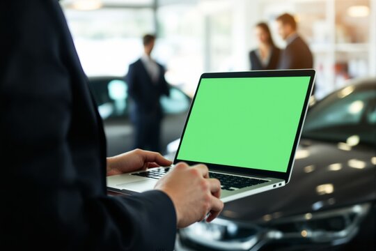 Closeup of a person holding a laptop with a green screen in an office setting.