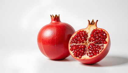 Two pomegranate halves Bright vibrant red pomegranates with intense color saturation Juicy glistening seeds are visible within the halves showcasing a rich deep red hue against the pale yellow