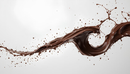 A dynamic splash of dark brown liquid chocolate in mid-air. The liquid is in swirling curved and flowing shapes creating a complex pattern of splashes and droplets
