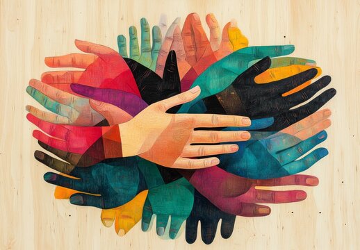 Pile of colorful hands representing diversity and inclusion on wooden background