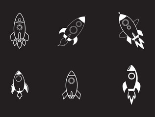 Retro rocket icons, vintage space illustrations, white on black design