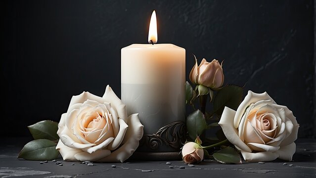 "White Candle with Roses and Flower Petals: Funeral Memorial, Sympathy, and Condolence Card for Death Notice"