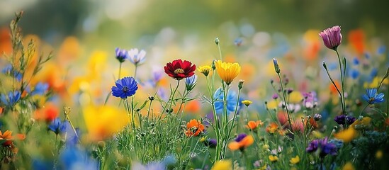 A vibrant meadow with wildflowers in full bloom, bathed in the soft glow of sunlight, creating an enchanting and colorful scene for a photographic backdrop. 