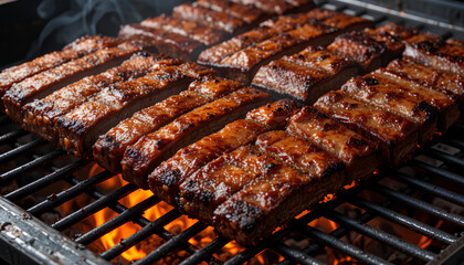 Close-up view of ribs grilling on a barbecue. Many ribs are arranged in rows glistening with a dark brown glaze.