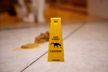 A small yellow caution sign warns of cat vomit on a tiled floor, while a blurred cat sits in the...