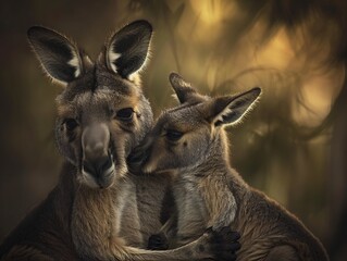 Fototapeta premium Mother Western Grey Kangaroo gently nuzzling her joey under warm glow of dawn soft dreamy lighting enhancing emotion of moment shallow depth of field creates painterly background emphasizing deep bond