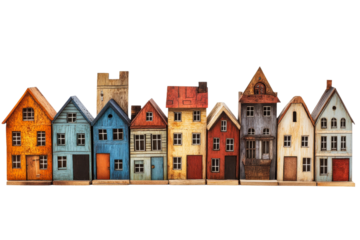 Row of vintage wooden toy houses, colorful facades, handmade design, cut out transparent