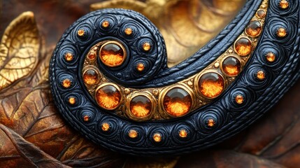 Ornate, detailed scrollwork brooch with rich dark blue and gold accents, featuring embedded fiery orange gems