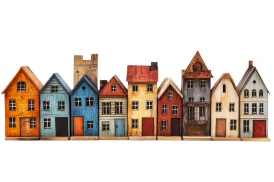 Row of vintage wooden toy houses, colorful facades, handmade design, cut out transparent
