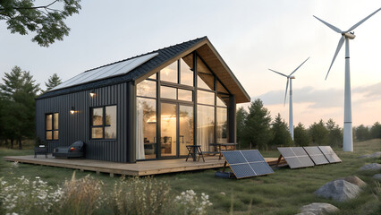 Obraz premium Modern Sustainable Cabin with Solar Panels and Wind Turbines – Off-Grid Eco Home in Nature