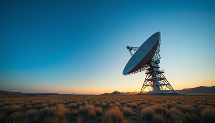 A large dish-shaped radio telescope stands on a flat grassy plain at sunrise or sunset