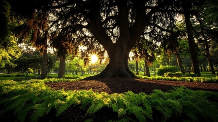 Naklejka premium The majestic old tree stands tall in a beautiful park setting