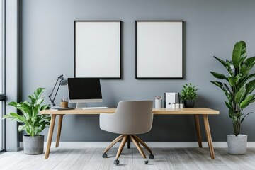 Modern home office mockup, perfect for showcasing branding designs or illustrations, create an inviting and productive workspace visual