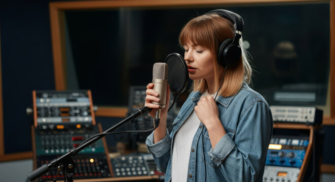 Female caucasian young adult singing in recording studio