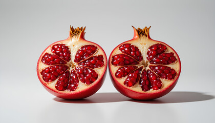 Two pomegranate halves Bright vibrant red pomegranates with intense color saturation Juicy glistening seeds are visible within the halves showcasing a rich deep red hue against the pale yellow