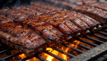 Close-up view of ribs grilling on a barbecue. Many ribs are arranged in rows glistening with a dark brown glaze.