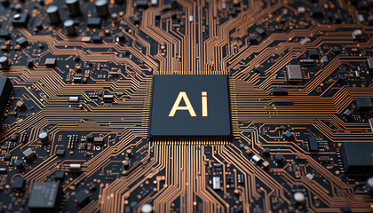 Close-up view of a circuit board. Detailed copper-toned circuit pathways crisscross a dark matte black board. A prominent square dark gray processor chip is centered displaying the text "AI"