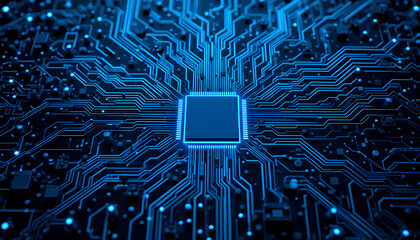 close-up view of a complex circuit board. Intricate network of blue-glowing conductive paths and components