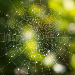 A delicate spider web covered in dew drops glistens in soft morning or evening light. The intricate details and bokeh background create a mystical atmosphere.