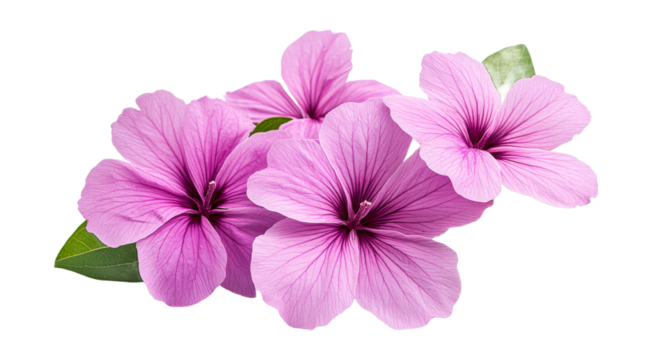 Pink mallow flowers with green leaves on black background, cut out transparent