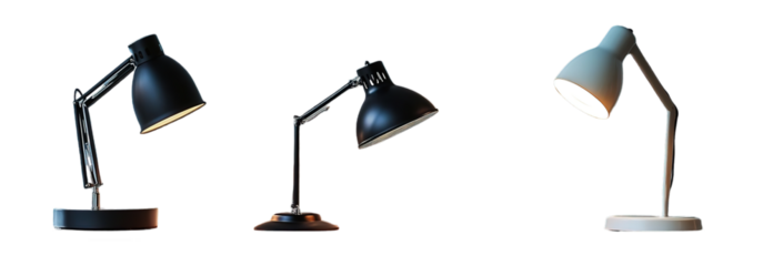 Three table lamps with adjustable features, two in black and one in a light color, providing versatile lighting options for different settings.