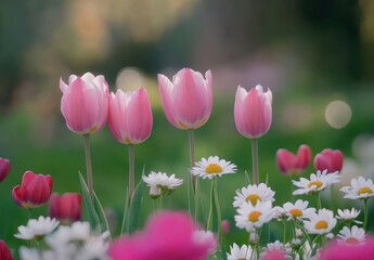 Obraz premium Beautiful pink tulips and daisies blooming in a vibrant garden setting during spring with soft bokeh effect creating a dreamy atmosphere
