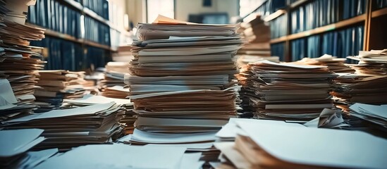 Obraz premium Stacks of documents and papers in an office or library, representing the immense collection of historical data being archived. 