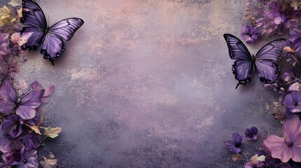 Vintage background with purple butterflies and floral accents.