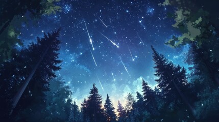 Naklejka premium A beautiful landscape of a forest at night with a starry sky and shooting stars. The sky is dark blue and the stars are bright white. The trees are tall and green.
