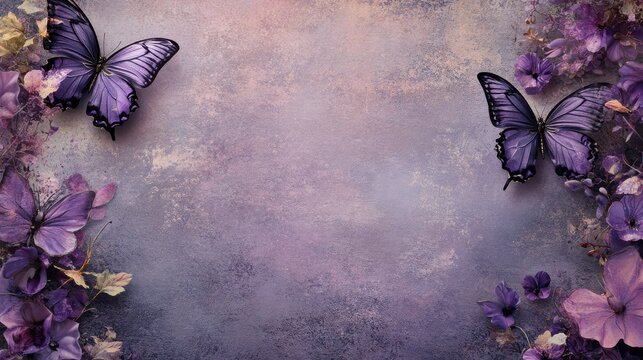 Vintage background with purple butterflies and floral accents.