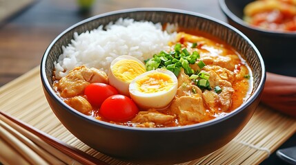 fresh chicken curry rice omelette egg chicken rice bowl food menu