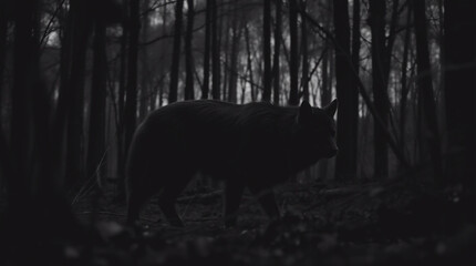 Naklejka premium A classic black and white, eerie, creepy real photograph of a wild animal in a forest, featuring dark tones, unsettling details