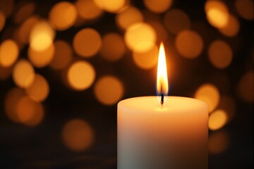 Candle with golden bokeh lights in the background.