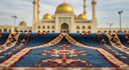 A beautifully designed rug lays in the foreground in front of a grand mosque with golden domes