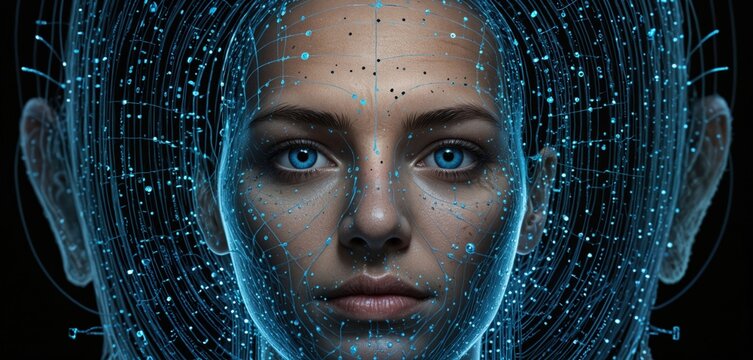 A woman's head with blue eyes, behind a holographic display of light