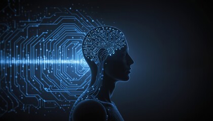 A person's head superimposed on circuit board pattern, suggesting a connection between the human mind and technology