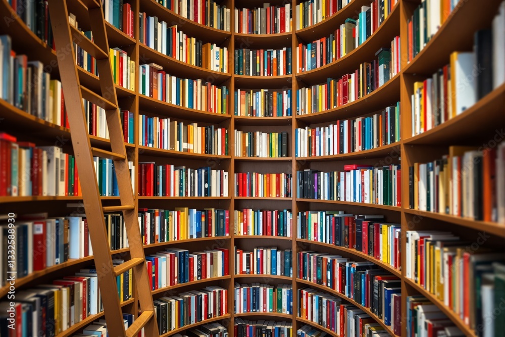 Poster curved bookshelf with ladder in library.