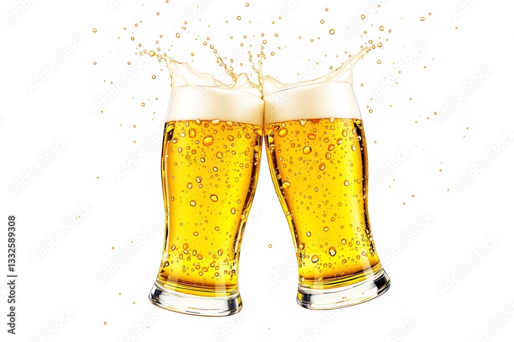 Poster two glasses of beer clinking with splashes and bubbles on a white background.