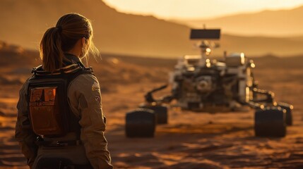 Astronaut Observing Mars Rover at Sunset