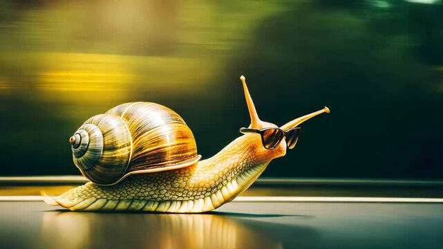 A cute snail with sunglasses racing on a street road 4K