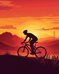 Fototapeta premium Cyclist silhouette riding uphill at sunset in scenic illustration