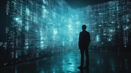 Man Facing Digital Data Wall: Exploring the Vastness of Information