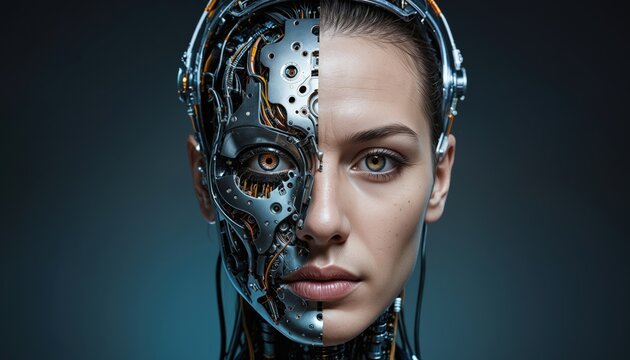 A robotic humanoid with human face and a real woman's face